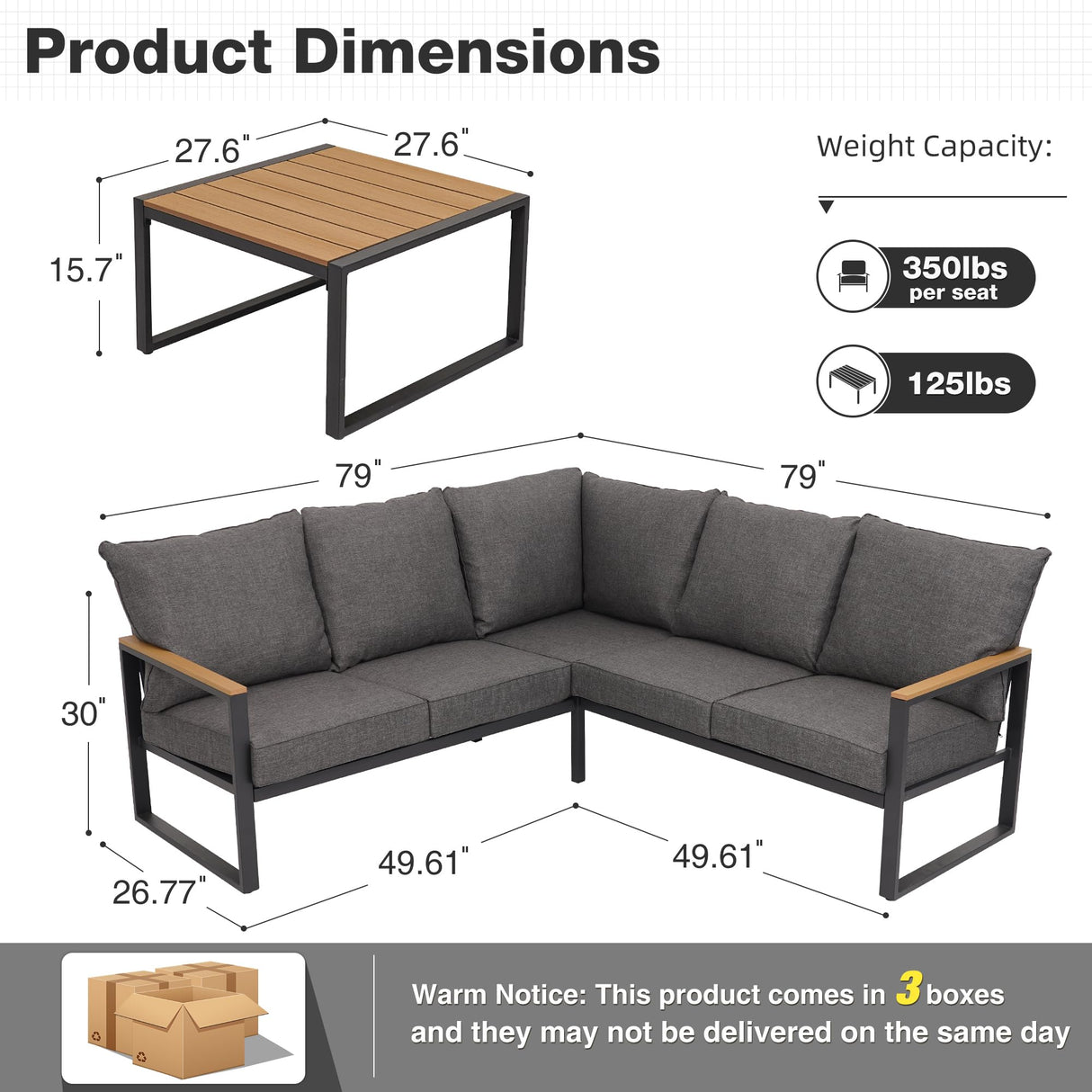 COMLAX FIELD Metal Patio Furniture Set, 6 Pieces Outdoor Sectional Sofa Set with Side Table, L Shape Patio Conversation Set with Faux-Wood Tabletop, Outdoor Couch for Balcony, Porch, Backyard, Grey COMLAX FIELD