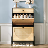 IRONCK Shoe Cabinet with 2 Flip Drawers, Shoe Storage Cabinet for Entryway, Free Standing Shoe Storage Organizer with Rattan Doors Slim Narrow Shoe Rack Cabinet, Black IRONCK