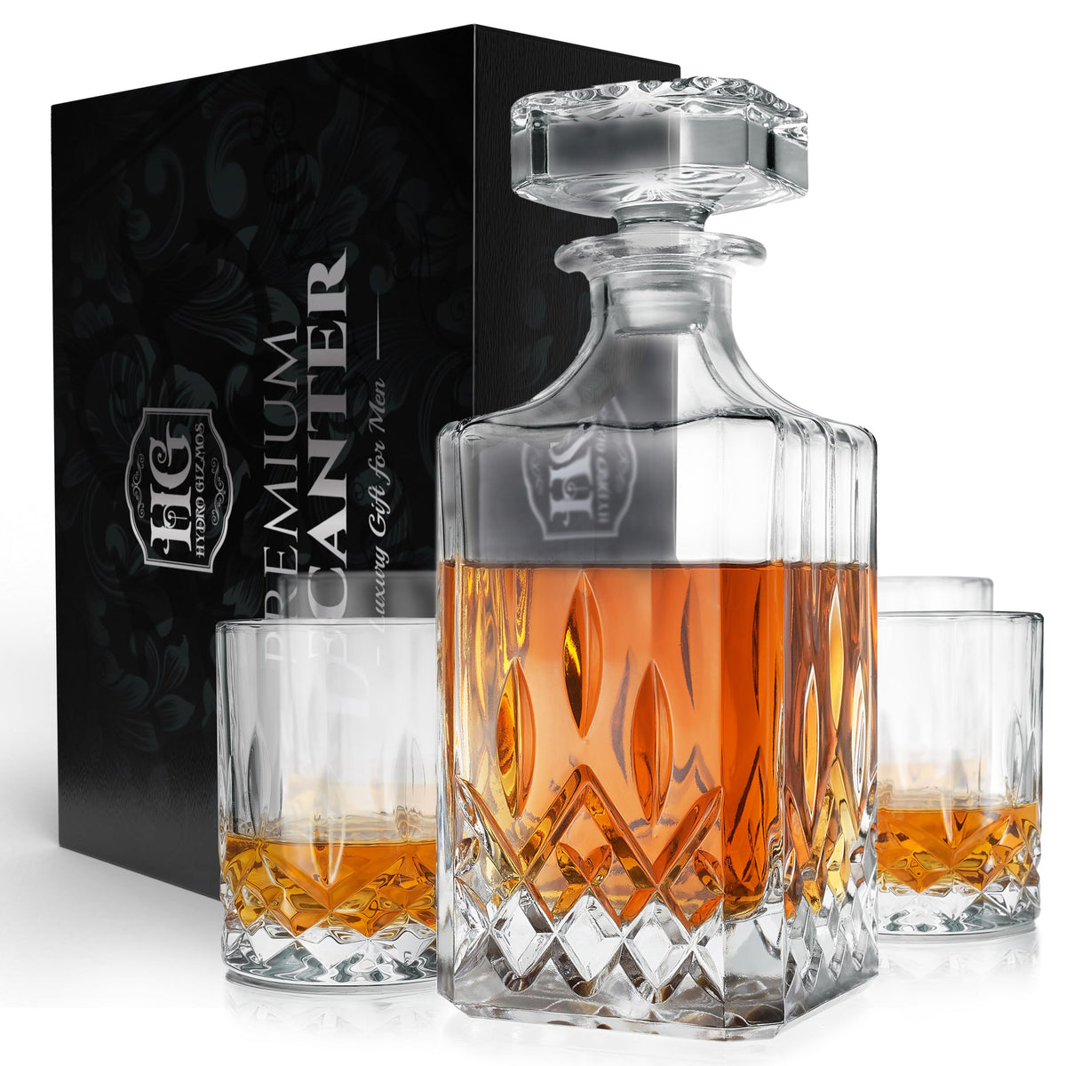 Luxury Gift For Men – Whiskey Decanter Set For Beloved Husband Or Dad Birthday Gift – 4 Whiskey Glasses And Decanter Set Is a Great Gift Idea for Whisky, Bourbon, or Scotch lovers Hydro Gizmos