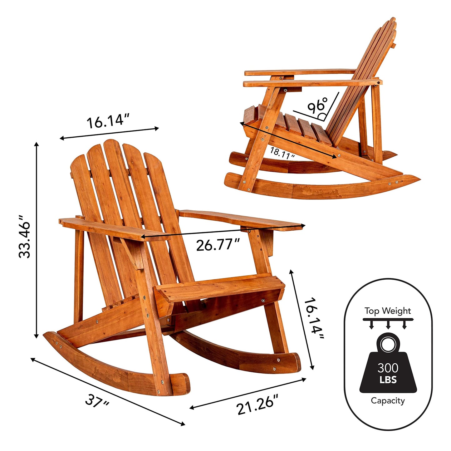 JONATHAN Y PAT1000A Kiawah Outdoor Patio Classic Acacia Wood Adirondack Rocking Chair for Garden, Lawn, Backyard, Pool, Deck, Beach, Firepit, Light Brown - WoodArtSupply