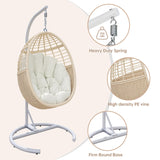 TWT Egg Chair Indoor Outdoor Patio Wicker Hanging Egg Chair Swing Egg Basket Chairs with Stand UV Resistant Cushions 350lbs Capacity for Patio Bedroom Balcony Xmas Gift Beige TWT
