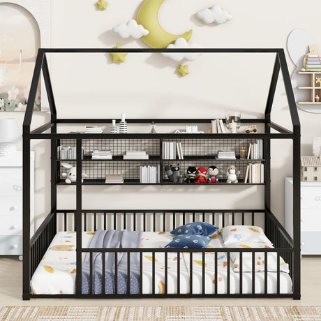 Bellemave Full Size Montessori Floor Bed with Shelf, Metal House Bed Frame with Shelf, House Floor Bed for Kids, House Floor Bed for Kids, House Bed with Fence, Playhouse for Kids, Black Bellemave