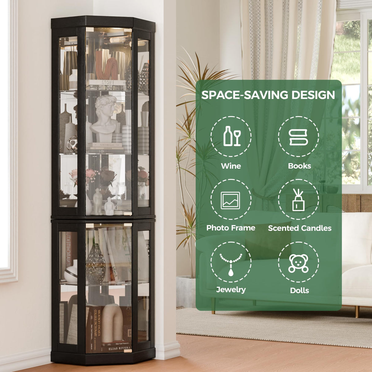 Trygoal 70" H Lighted Corner Curio Cabinet, Display Curio Cabinet with Tempered Glass Doors and Shelves, Corner Display Case with Light Bulb for Living Room, Dining Room, Black Trygoal