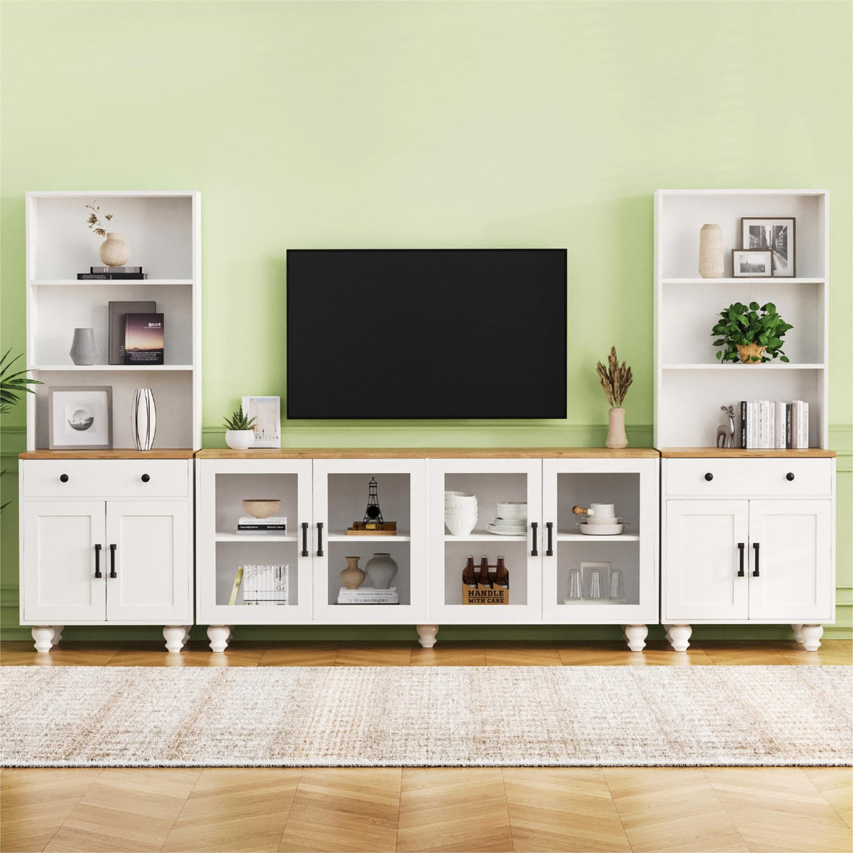 RuiSiSi Farmhouse Entertainment Center with 2 Bookshelves & Tempered Glass Doors, TV Stand with Adjustable Shelves for TVs up to 70'', Media Console with Solid Wood Gourd-Shaped Legs, White RuiSiSi