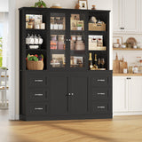 HIFIT 74.4'' Tall Kitchen Pantry Storage Cabinet, 63'' Wide Large Kitchen Hutch, Farmhouse Pantry Cabinet, Bookcases and Bookshelves with 6 Drawers & 4 Doors, Black Glass China Hutch for Living Room HIFIT