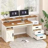TVU Farmhouse Computer Desk with Drawers, 65'' Home Office Desk with Power Outlets, Storage Cabinet and Printer Stand, Study Writing Desks with Long Monitor Stand, White TVU