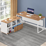 Tribesigns 63-Inch Executive Computer Desk with 47-Inch Lateral File Cabinet, Large Workstation Business Furniture, L Shaped Desk with Drawers and Storage Shelves for Home Office, Walnut & White Tribesigns