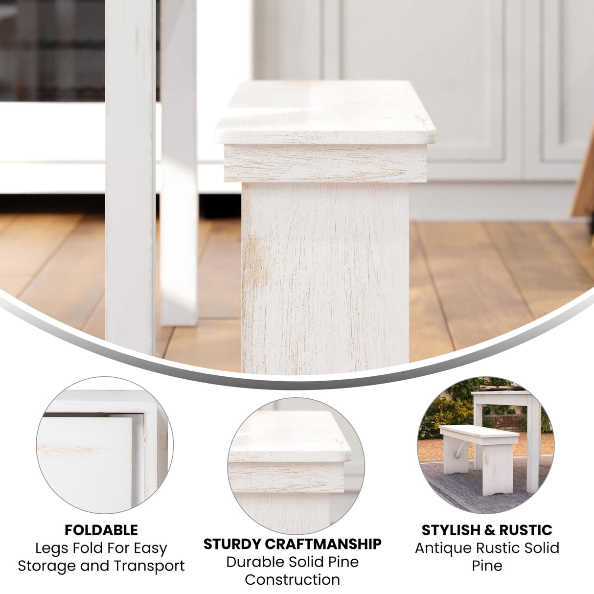 Merrick Lane Tinsley 40" x 12" White Solid Pine Folding Farmhouse Style Bench Merrick Lane