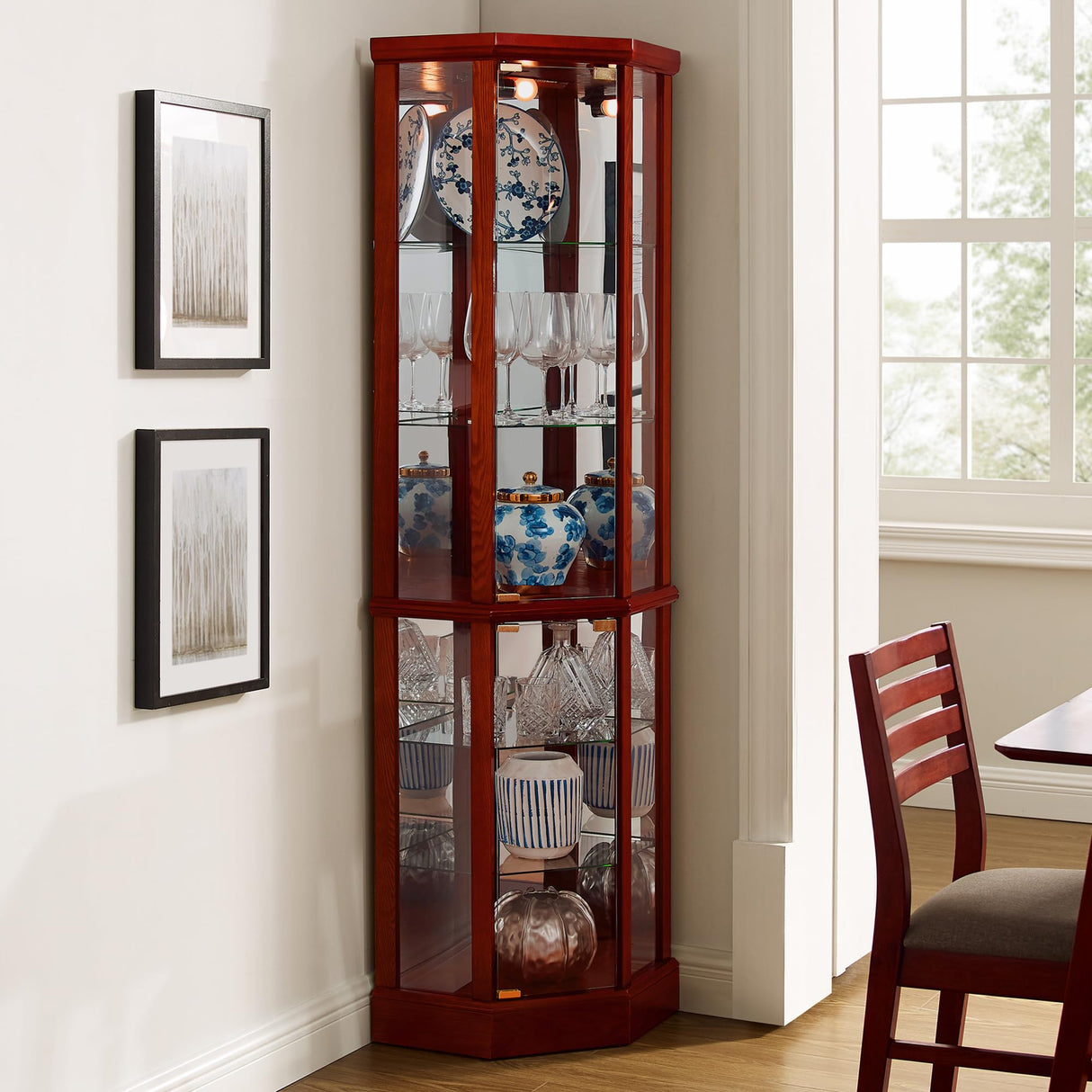 HomJoones Lighted Corner Display Curio Cabinet, 70" Tall Wooden Curved Shelving Unit with Tempered Glass Door, Bar and Liquor Storage Area with 6 Shelves (Cherry) HomJoones