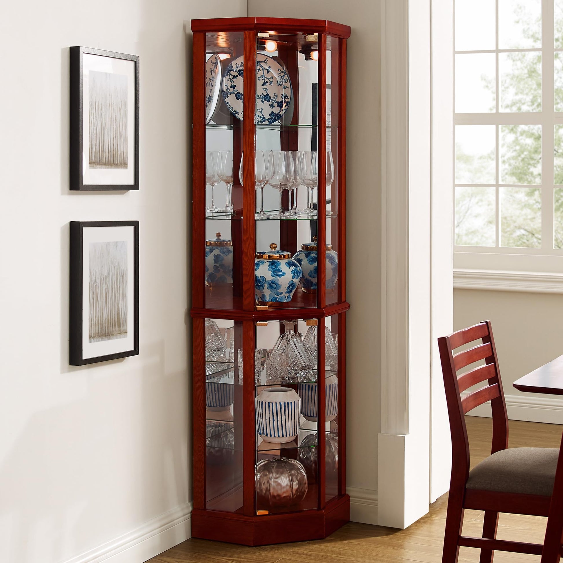 HomJoones Lighted Corner Display Curio Cabinet, 70" Tall Wooden Curved Shelving Unit with Tempered Glass Door, Bar and Liquor Storage Area with 6 Shelves (Cherry) - WoodArtSupply