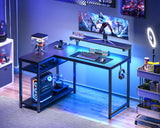 MOTPK L Shaped Gaming Desk with Power Outlet, Reversible Gaming Desk with Height Adjustable Monitor Stand, Gaming Computer Desk 43inch with LED Lights, Home Office Desk, Black MOTPK