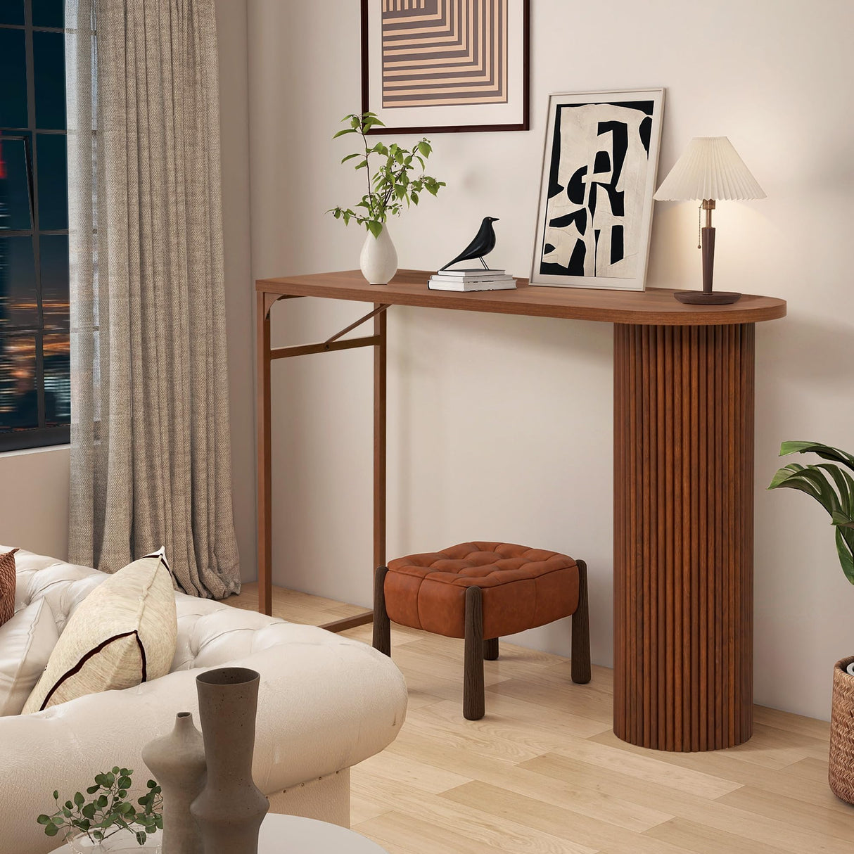 55" Long Bar Table, Fluted Wood Counter Height Pub Table, High Top Kitchen Breakfast Bar Tables with Sturdy Metal Frame, Modern Bar Height Dining Table for Bistro, Dining Room, Living Room YZRSTY