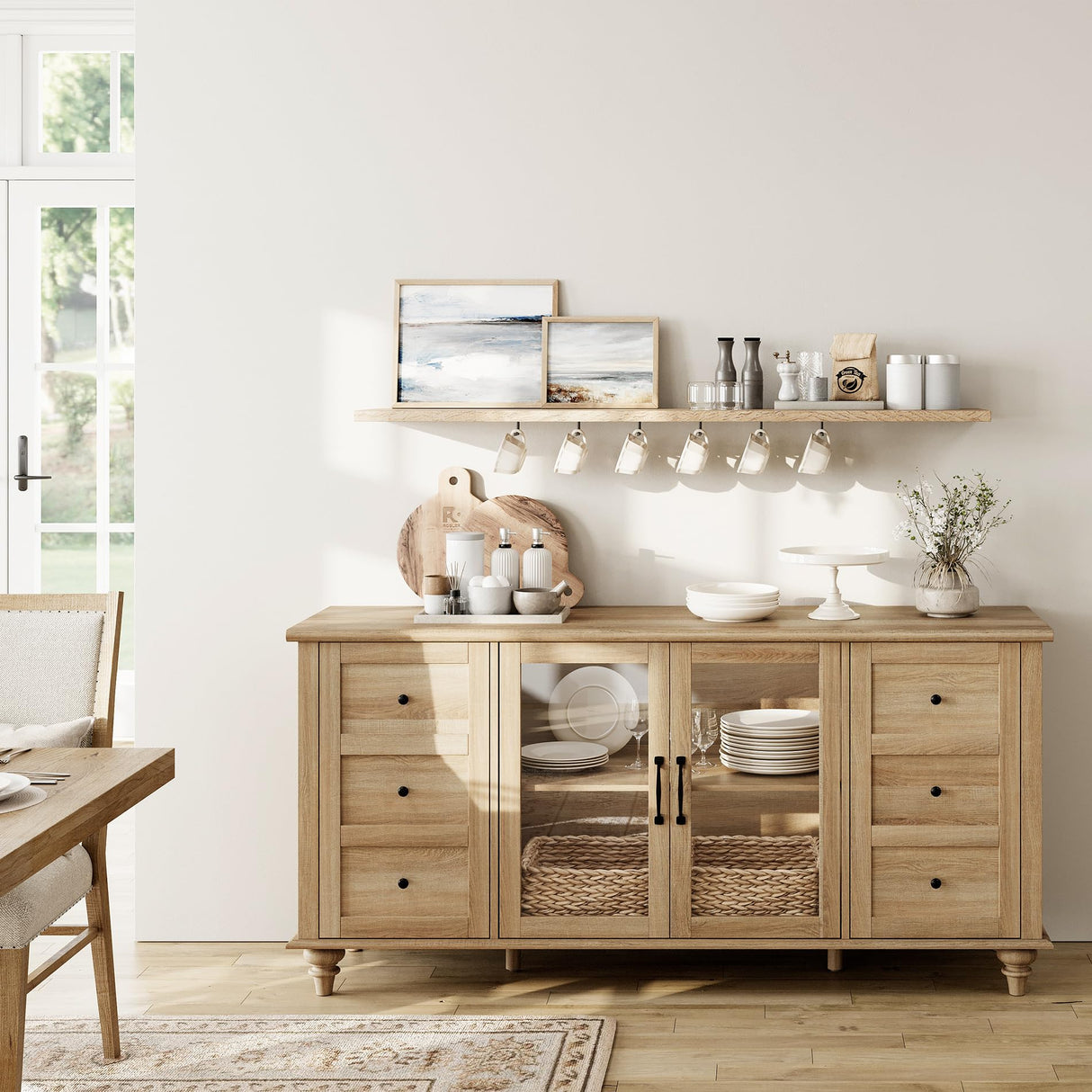 WAMPAT Sideboard Buffet Cabinets with Glass Door, Kitchen Storage Cabinets, Wood Coffee Bar Tables, Accent Sideboard Storage Cabinet Table Dining Room, Living Room,Oak WAMPAT