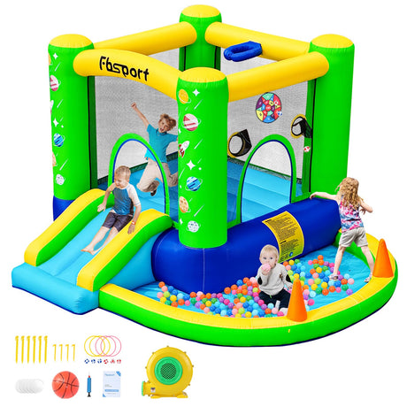 FBSPORT Inflatable Bounce House, Kids Bounce Castle Slide for Indoor Outdoor,Toddler Baby Jumper Bouncer, Kids Jumping Bouncy House with Blower, Ball Pit Pool, Basketball Hoop, Dart Game, Green FBSPORT