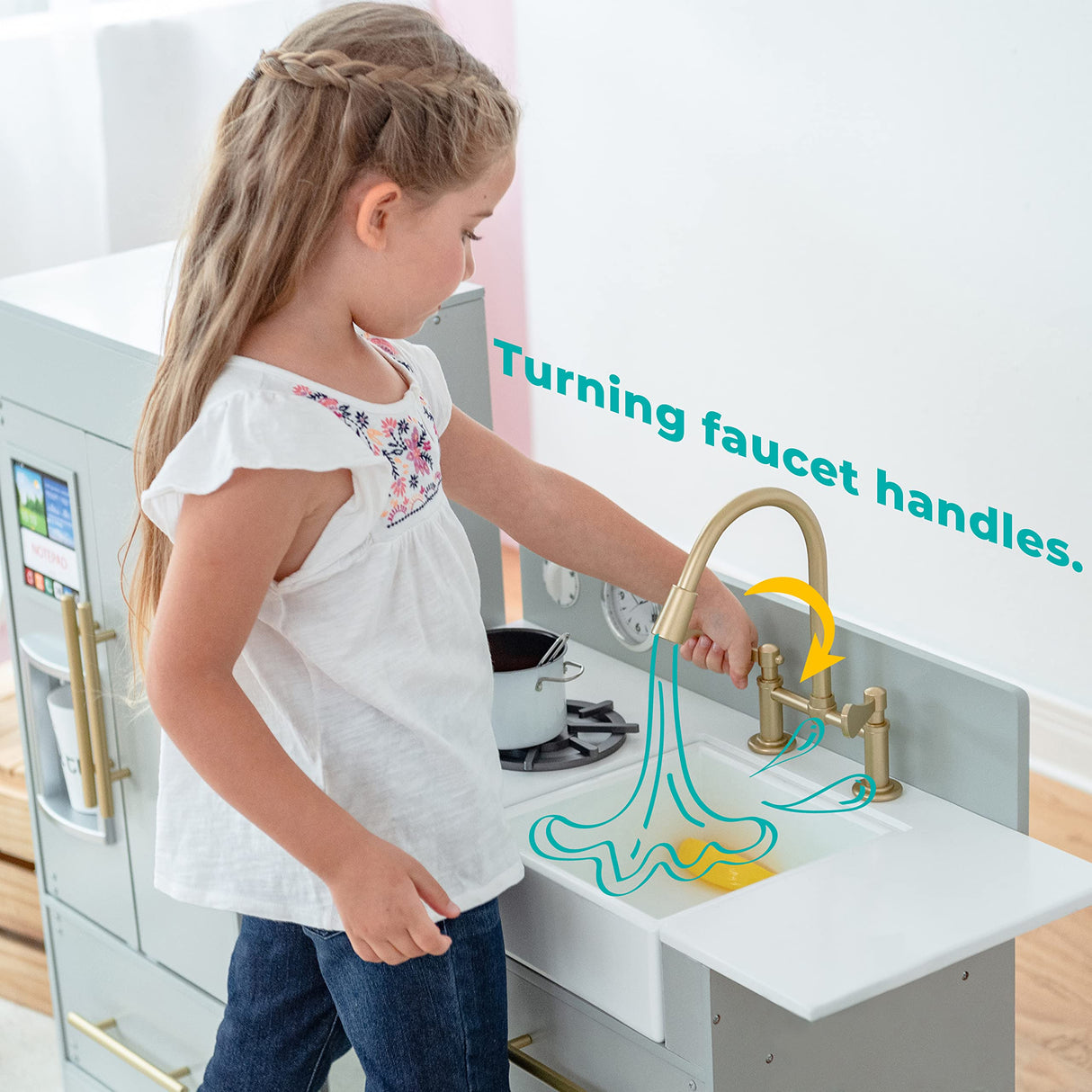 Teamson Kids Little Chef Charlotte Modern Modular Interactive Wooden Play Kitchen with Refrigerator, Stove and Sink in Gray with Gold Accents Teamson Kids