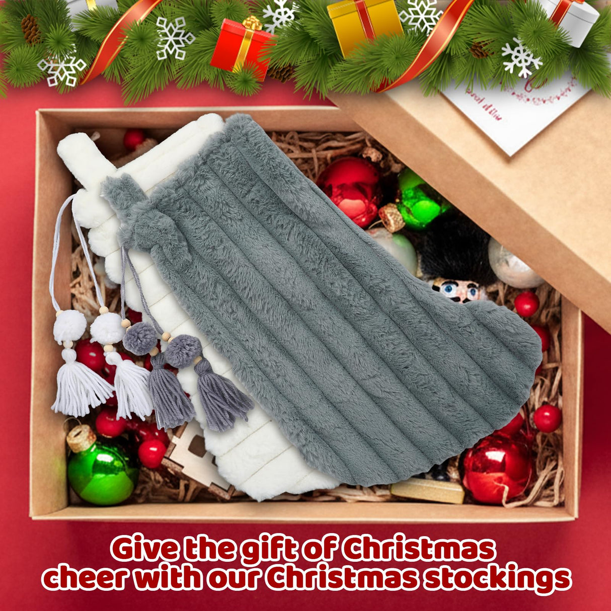 RoundFunny 4 Pcs Christmas Stockings, 18 Inch Striped Plush Faux Fur Xmas Stocking with Pendant, Large Thick Plush Hanging Stockings for Family Holiday Party Fireplace Stairs Decorations RoundFunny