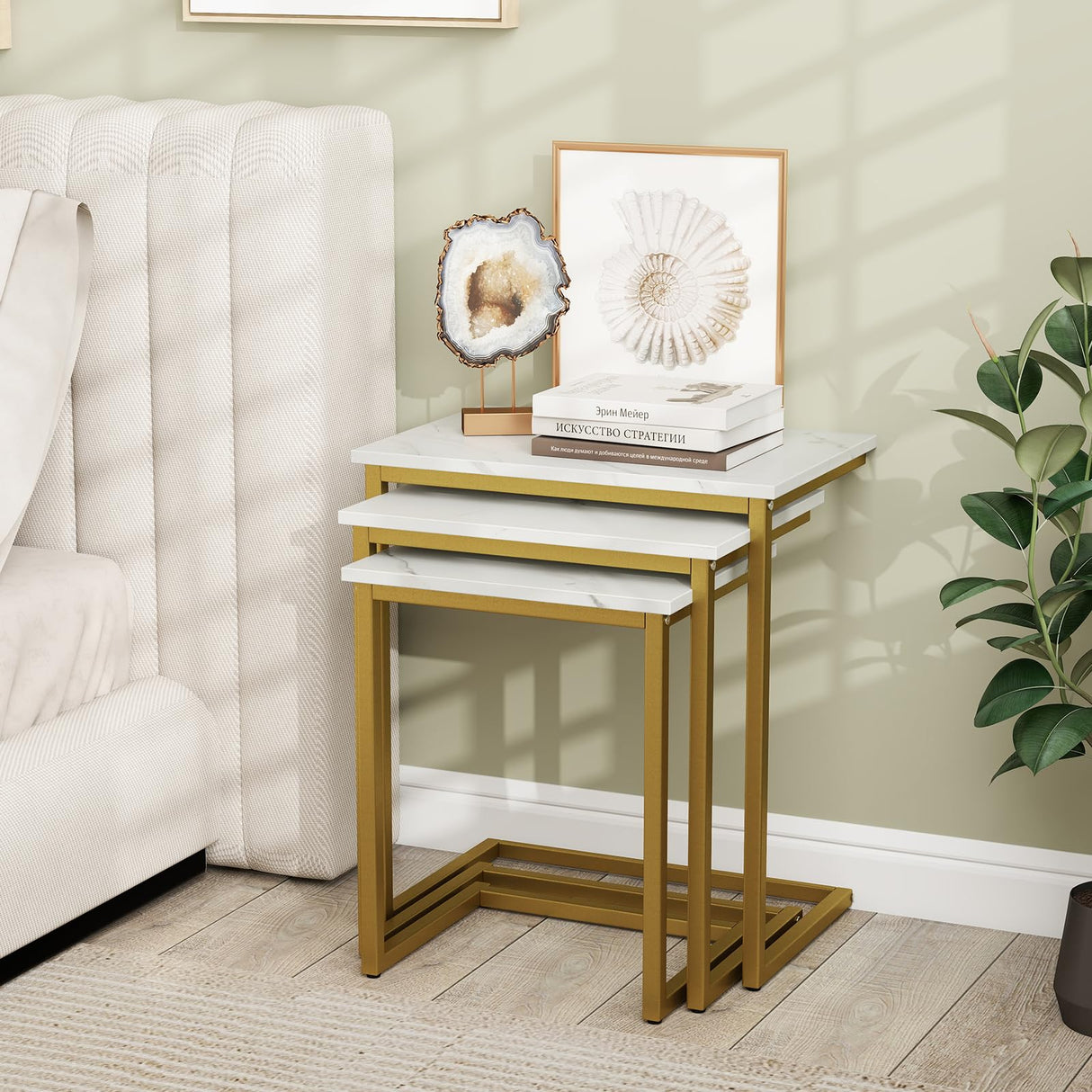 Giantex Nesting Coffee Table Set of 3, Stackable Square End Table w/Faux Marble Tabletop & Heavy-Duty Metal Frame, Farmhouse C-Shaped Accent Table for Small Space, Living Room, Bedroom (White Gold) Giantex