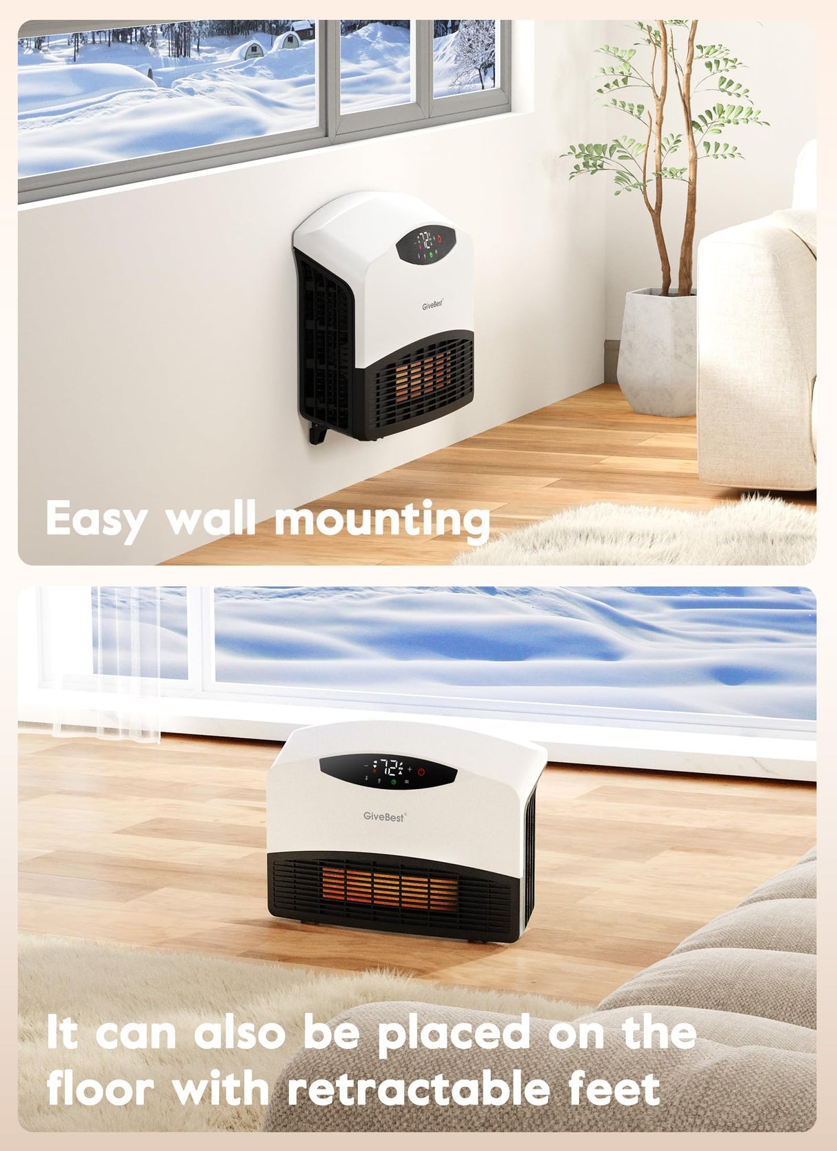 GiveBest Electric Wall Heater with WiFi and Remote Control, Floor or Wall Mounted Heater, Large Room Coverage, 3 Heating Modes, 1500W Fast Heating Space with Thermostat for Indoor Room Use GiveBest