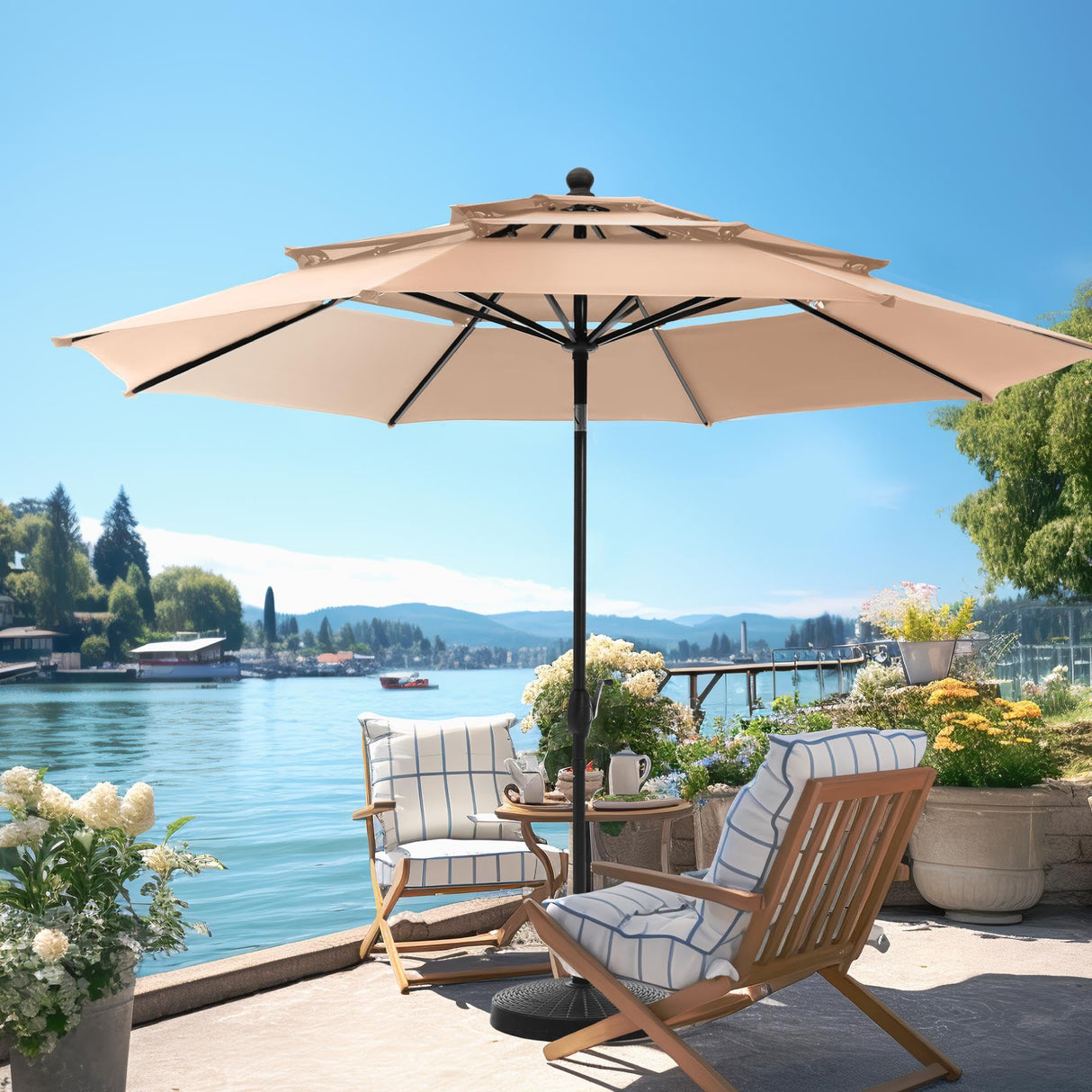 PHI VILLA 10ft Patio Umbrellas, Outdoor 3 Tier Vented Large Market Table Umbrella with 8 Sturdy Ribs and 1.5" Umbrellla Pole for Lawn Poolside Garden Terrace, Beige(No Base) PHI VILLA