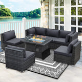 BULEXYARD 7 Piece High Back Outdoor Furniture Set with Fire Pit, Contemporary All Weather Wicker Patio Couch Sofa Set, Extra Large Modular 6-Seater Sectional Backyard Seating Wide Deep for Lawn, Grey BULEXYARD
