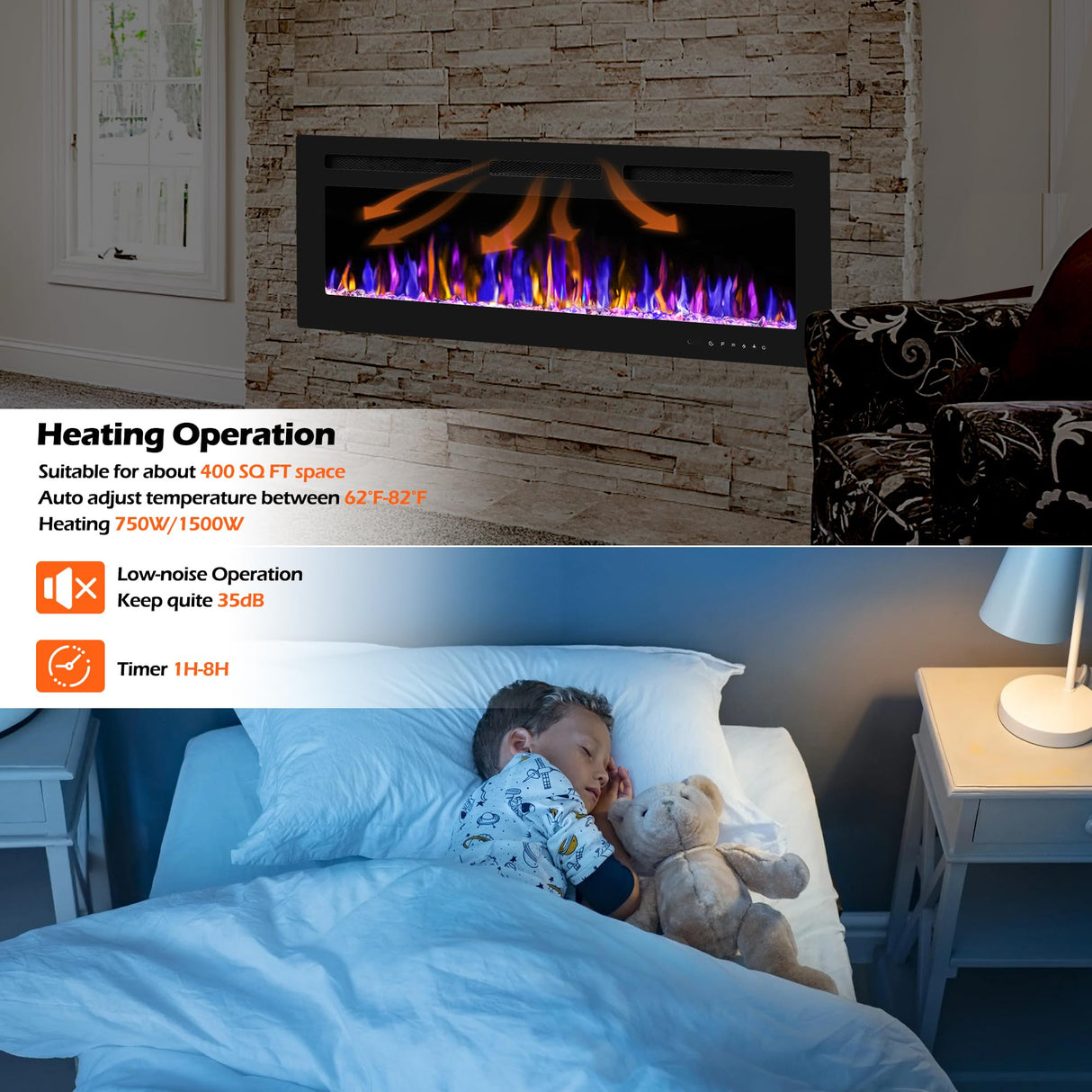 BETELNUT 50" Electric Fireplace Wall Mounted and Recessed with Remote Control, 750/1500W Ultra-Thin Wall Fireplace Heater W/Timer Adjustable Flame Color and Brightness, Log Set & Crystal Options BETELNUT