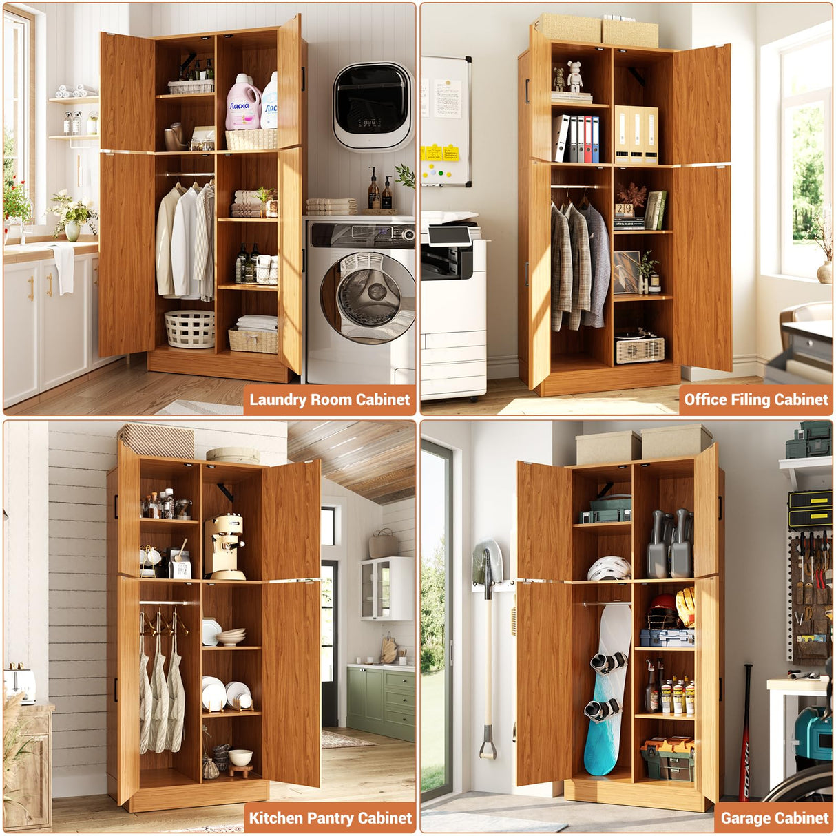 Unikito Armoire Wardrobe Closet, 71" Farmhouse Wooden Wardrobe with Adjustable Shelves and Hanging Rod, Freestanding Clothing Storage Cabinet Organizer for Bedroom Living Room Office, Highland Oak Unikito