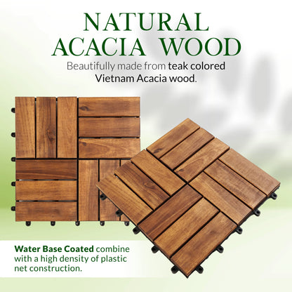 Acacia Wood Interlocking Deck Tiles for Outdoor/Indoor - (Pack of 10) 12"x12" All Weather Balcony Flooring - Snap Click Together Patio Tiles - Portable Waterproof Dance Floor Covering, Outside Walkway