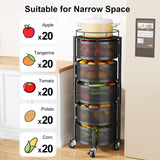 SAYZH Fruit Vegetable Basket for Kitchen, Rotating Storage Rack, 5 Tier Rolling Cart with top lid, Large Metal Wire Wheels, Black SAYZH