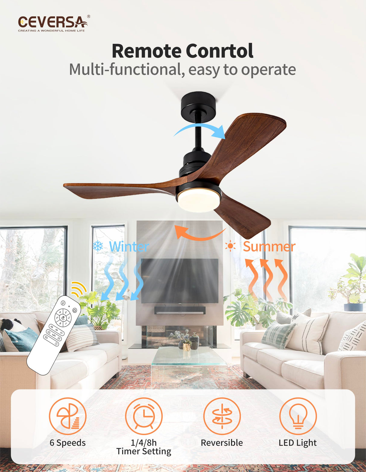 Ceversa 42 Inch Solid Wood Ceiling Fan with Light and Remote Control,3 Blades Craftmade Modern Ceiling Fan Quiet for Living Room Bedroom Farmhouse Indoor Outdoor Ceversa