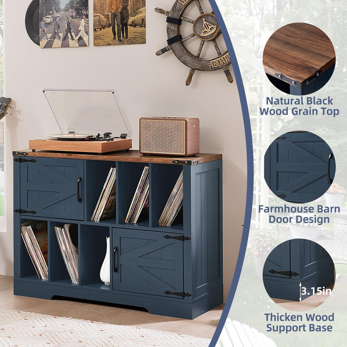 Joaxswe Large Record Player Stand with Vinyl Storage Up to 450 Albums, 39 Inch Farmhouse Wood Navy Blue Vinyl Records Storage Cabinet with Barn Doors, Mid-Century Turntable Stand for Living Room Joaxswe