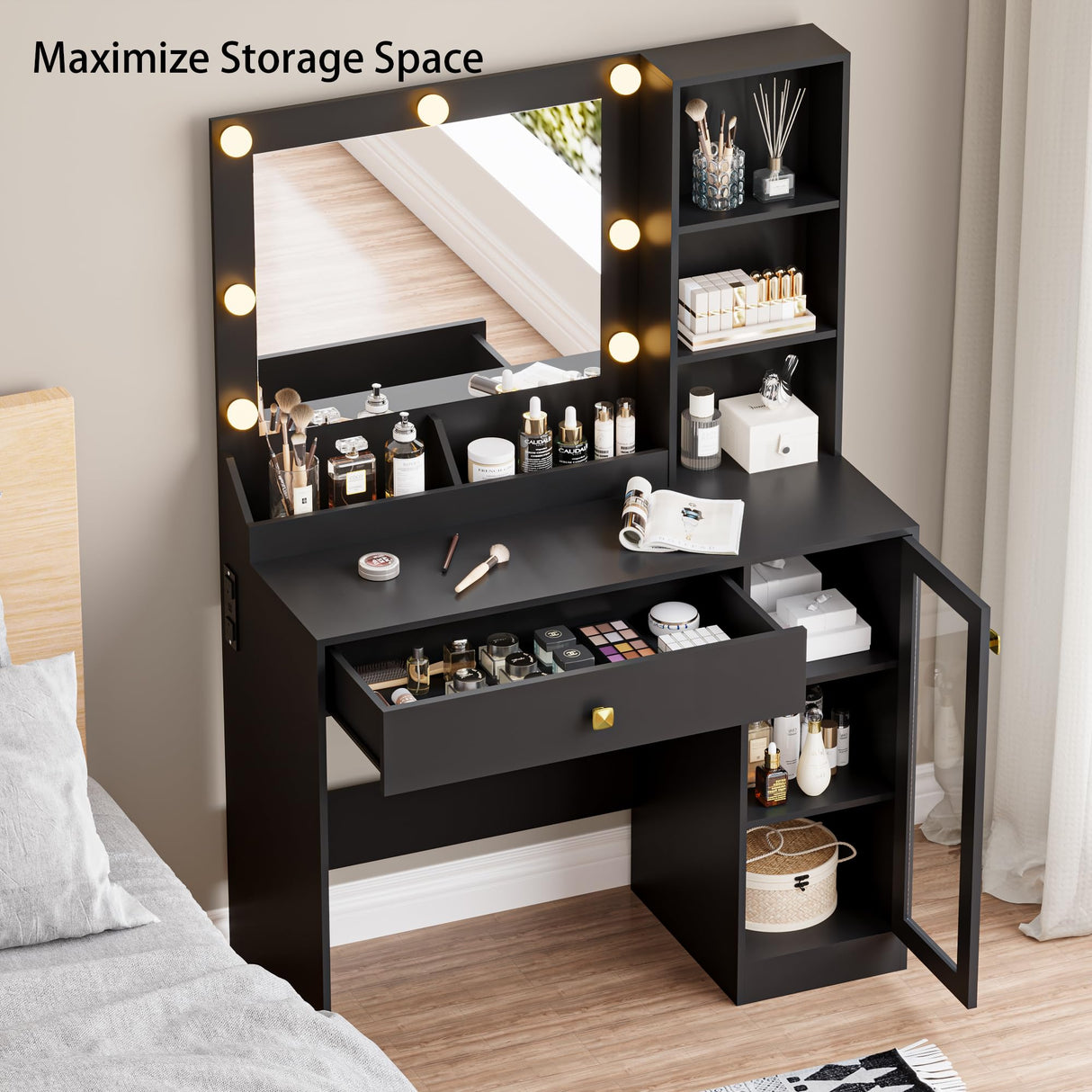 BORNOON Small Vanity Desk with Mirror and Lights, Makeup Vanity Desk with Adjustable Brightness 3 Light Modes, RGB Storage Cabinet, Power Outlet, Drawer, Shelves, Vanity Table for Women Girls Bedroom BORNOON