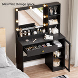 BORNOON Small Vanity Desk with Mirror and Lights, Makeup Vanity Desk with Adjustable Brightness 3 Light Modes, RGB Storage Cabinet, Power Outlet, Drawer, Shelves, Vanity Table for Women Girls Bedroom BORNOON