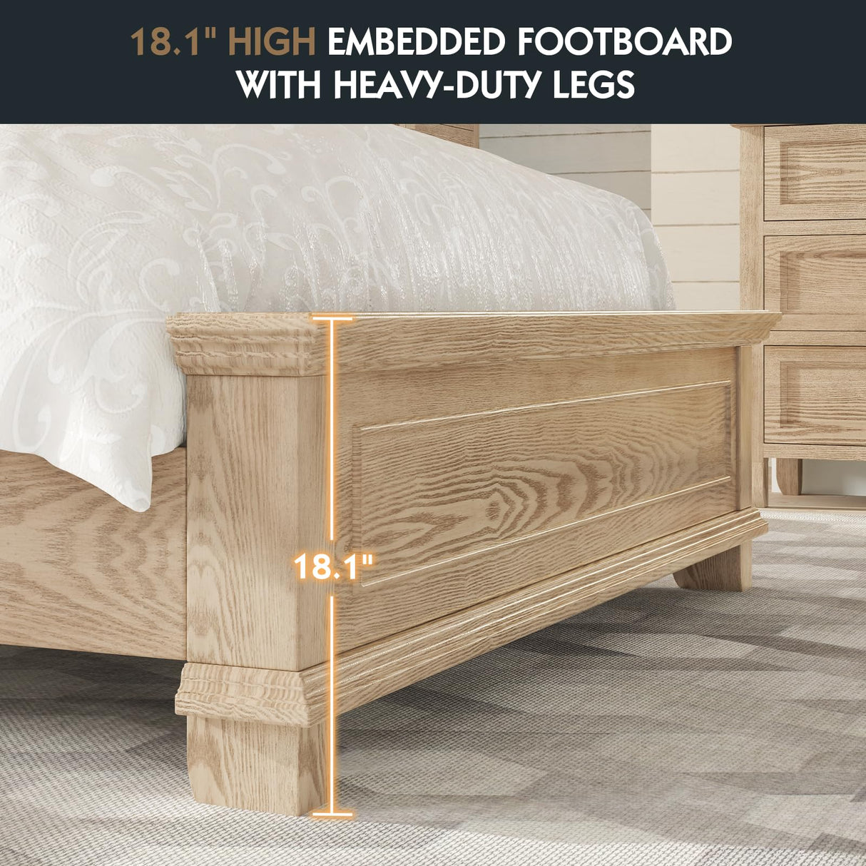 YUMPIE Queen Rustic Solid Wood Bed Frame With 68" Tall Headboard, Farmhouse Chenille Upholstered Panel Platform Bed Mattress Frame, Button Tufted/Antique Brass Nail Trim/No Box Spring Needed, Milk Ash YUMPIE