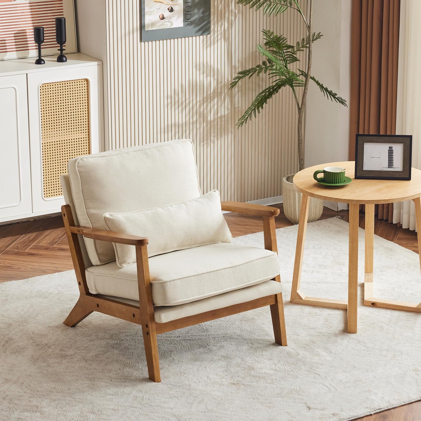 VINGLI Solid Wood Wide Armrests Accent Chair,Upholstered Mid Century Modern Chair with Pillow,Comfy Reading Chair Farmhouse Arm Chair,Chairs Living Room,Bedroom,Guest Room,Linen Fabric,Beige