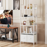 Furologee 5 Tier Bookshelf with Drawers, White Tall Bookcase with Shelves, Wood and Metal Book Shelf Storage Organizer, Modern Display Free Standing Shelf Unit for Bedroom, Living Room, Office Furologee