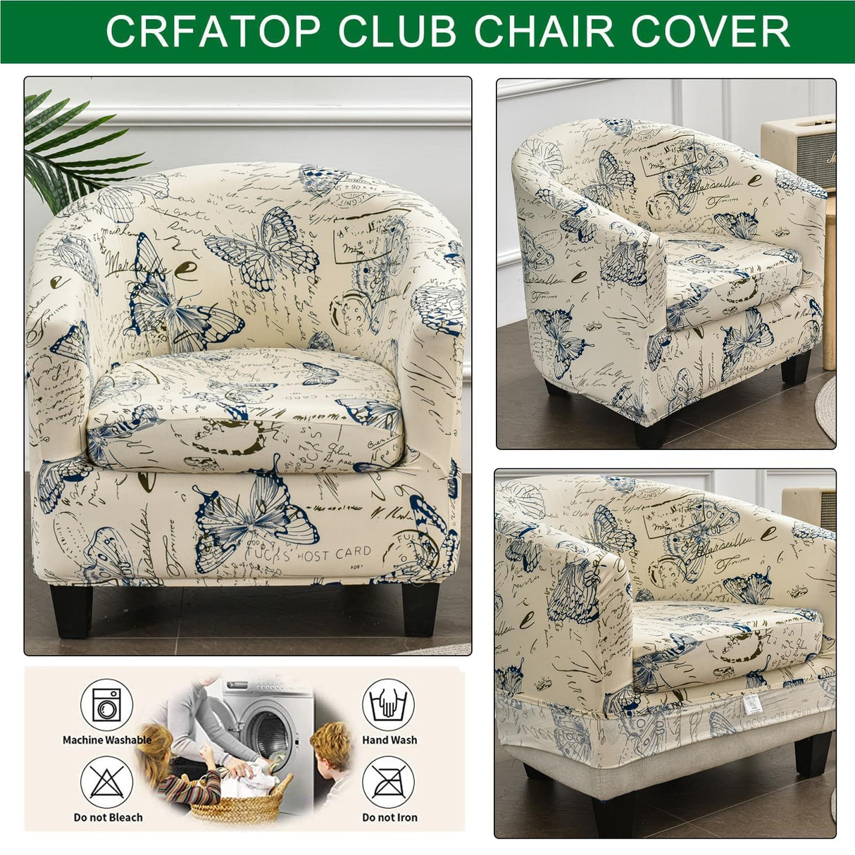 CRFATOP 2 Piece Club Chair Slipcover Printed Tub Chair Slipcover Armchair Soft Printed Round Barrel Chair Covers with Elastic Bottom for Bar Counter Living Room, Butterfly CRFATOP