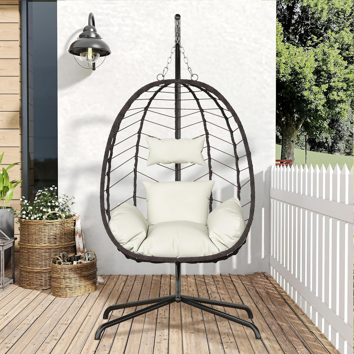 Hanging Egg Chair with Stand, Swinging Egg Chair Outdoor Indoor, Hanging Basket Chair with Cushion, Patio Wicker Hammock Chair 350lbs Capacity for Bedroom, Porch, Balcony, Backyard, Garden (Beige) LEX CRAFT