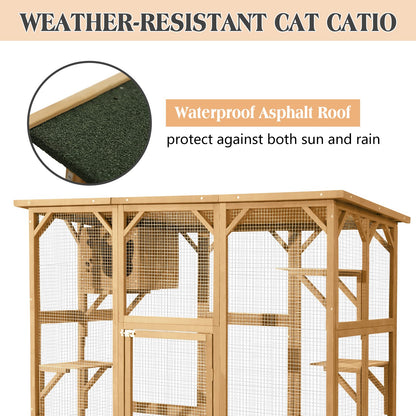 JOVNO Large Outdoor Cat House Catio Kitty Enclosure with Large Enter Door, Wooden Cat Cage Condo Indoor Playpen with 6 Platforms & Small House (Nature Wood) - WoodArtSupply