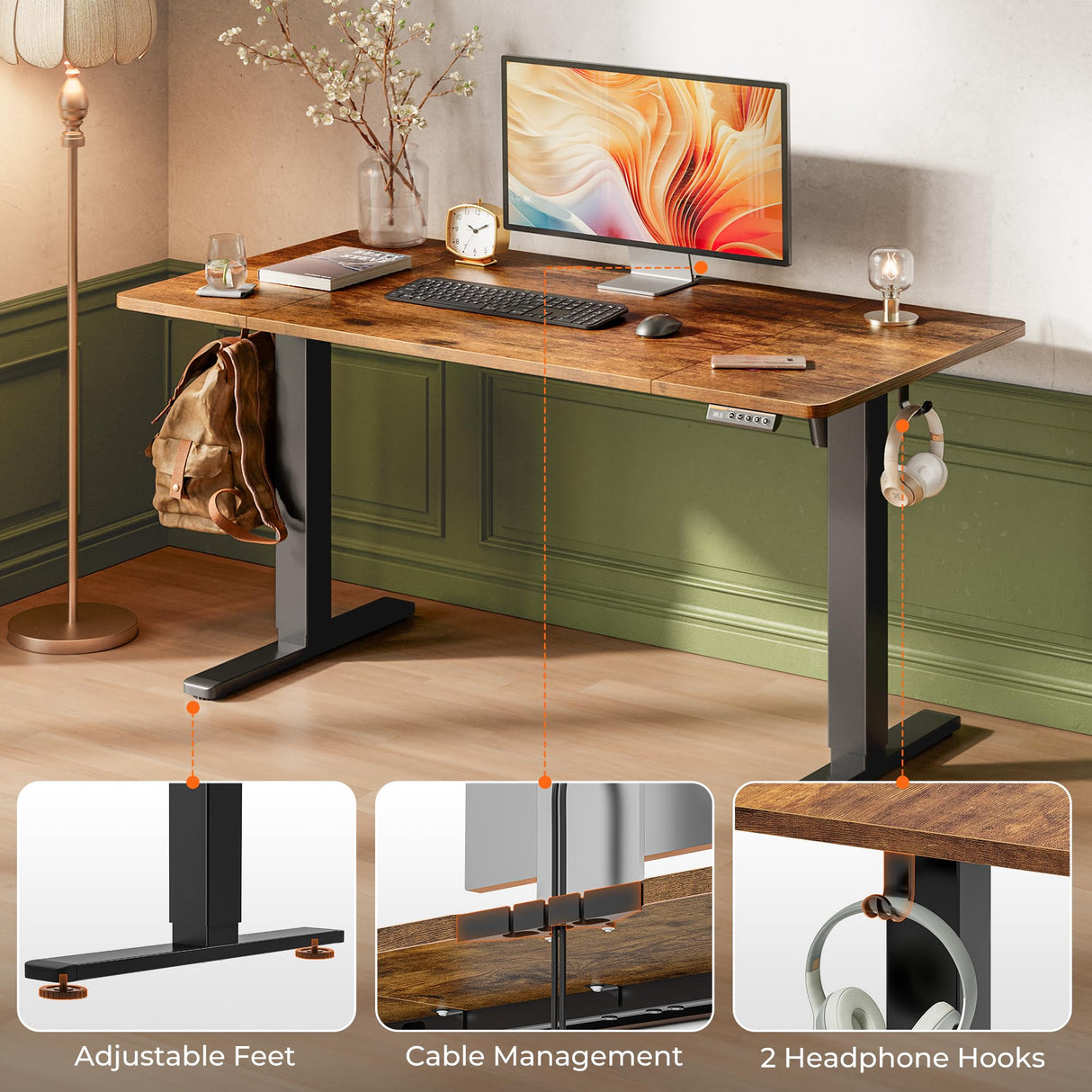 Huuger 55 x 28 Large Electric Standing Desk, Height Adjustable Computer Desk, 27.6" Deep Desktop, Stand up Gaming Office Desk with 2 Hooks, 3 Preset Heights, for Home Office, Rustic Brown Huuger