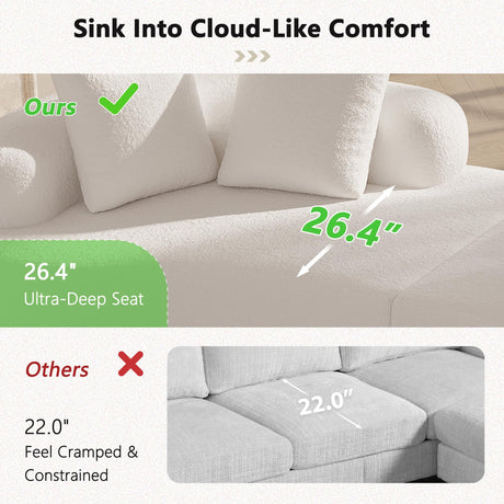 Olodumare 106.7" Modern Curved Oversized Sectional Sofa, Minimalist Modular Cloud Couch with 4 Throw Pillows, Luxury 4-Seater Extra Deep & Wide Seat Sofa in Soft Teddy Fabric, Cream White Olodumare