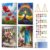 JOOZ 4 Pack Framed Paint by Numbers Kit for Adults, Flowers Paint by Number with Easel, DIY Tree of Life Adult Paint by Number Kits on Canvas Framed, Floral Oil Painting Kit for Home Decor 8x12 Inch JOOZ