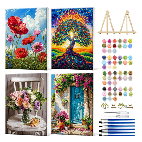 JOOZ 4 Pack Framed Paint by Numbers Kit for Adults, Flowers Paint by Number with Easel, DIY Tree of Life Adult Paint by Number Kits on Canvas Framed, Floral Oil Painting Kit for Home Decor 8x12 Inch JOOZ
