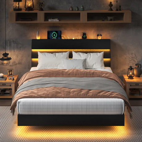 Feonase Floating Bed Frame Queen Size with Led Lights and Charging Station, Wood Queen Bed Frame with Storage Headboard, Heavy Duty Metal Slats, No Box Spring Needed, Easy Assembly, Black Feonase