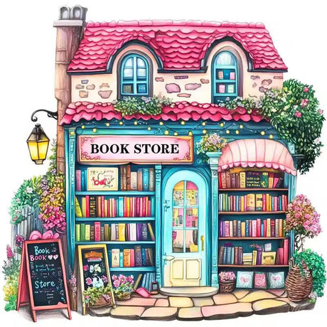 Pink Bookstore Diamond Painting Kits for Adults, 5D Diamond Art Painting by Numbers Kits, DIY Diamond Dots Art Kits, Full Round Drill Diamond Paintings for Adults for Home Wall Decor, 13.8x13.8 in GUMITOON