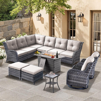 HUMMUH 8 Pieces Outdoor Patio Furniture Set with Fire Pit,L-Shaped Modular Sectional Couches with Swivel Patio Chairs,Wicker Conversation Set for Deck,Backyard,Porch,Garden