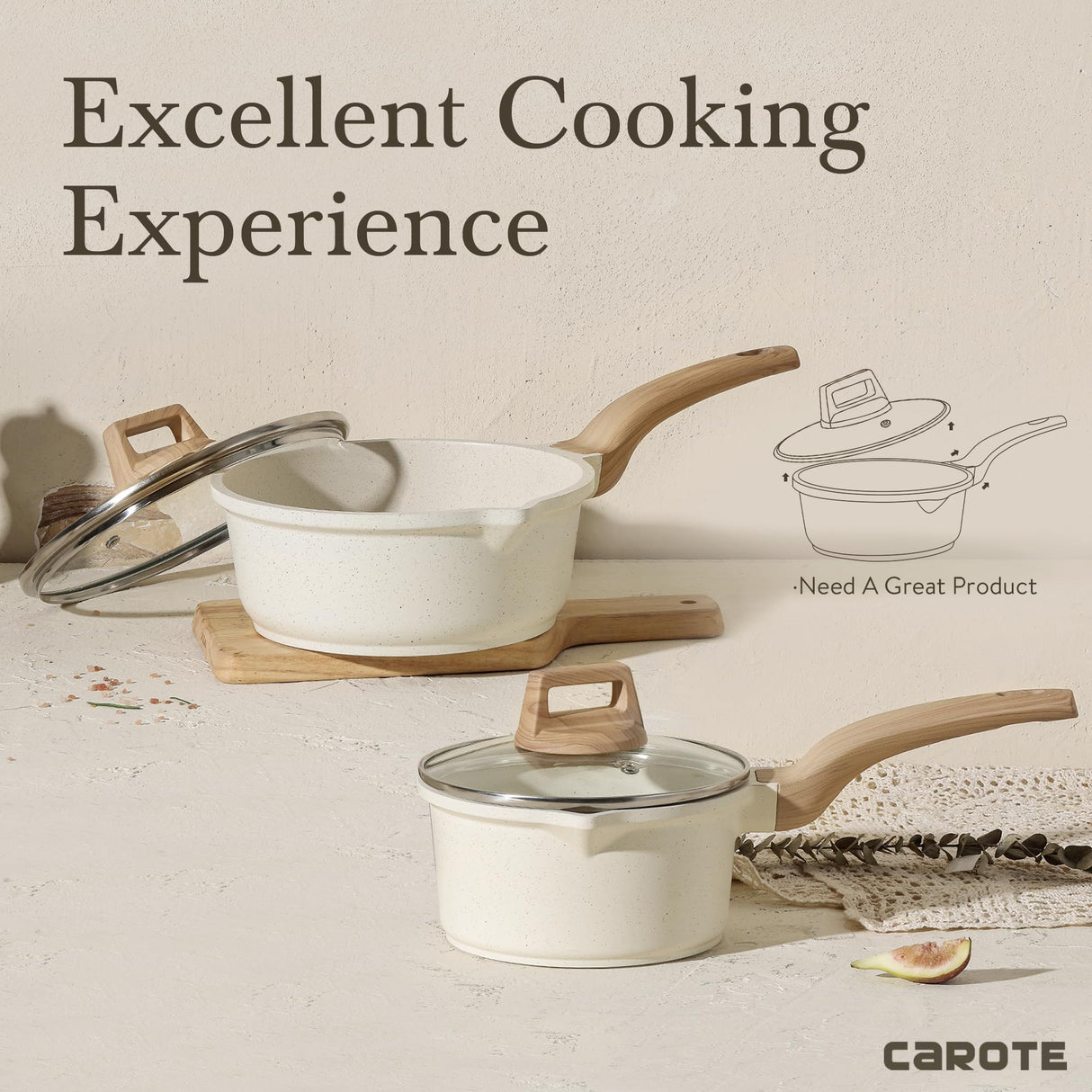 CAROTE 1.5Qt & 3.0Qt Sauce Pan Set with Lid Nonstick Saucepan 4 Pcs Non Stick Sauce Pots Cooking Pot with Pour Spout, Easy to Clean, Small Kitchen Pots Induction Pot, PFOA FREE (White Granite) CAROTE