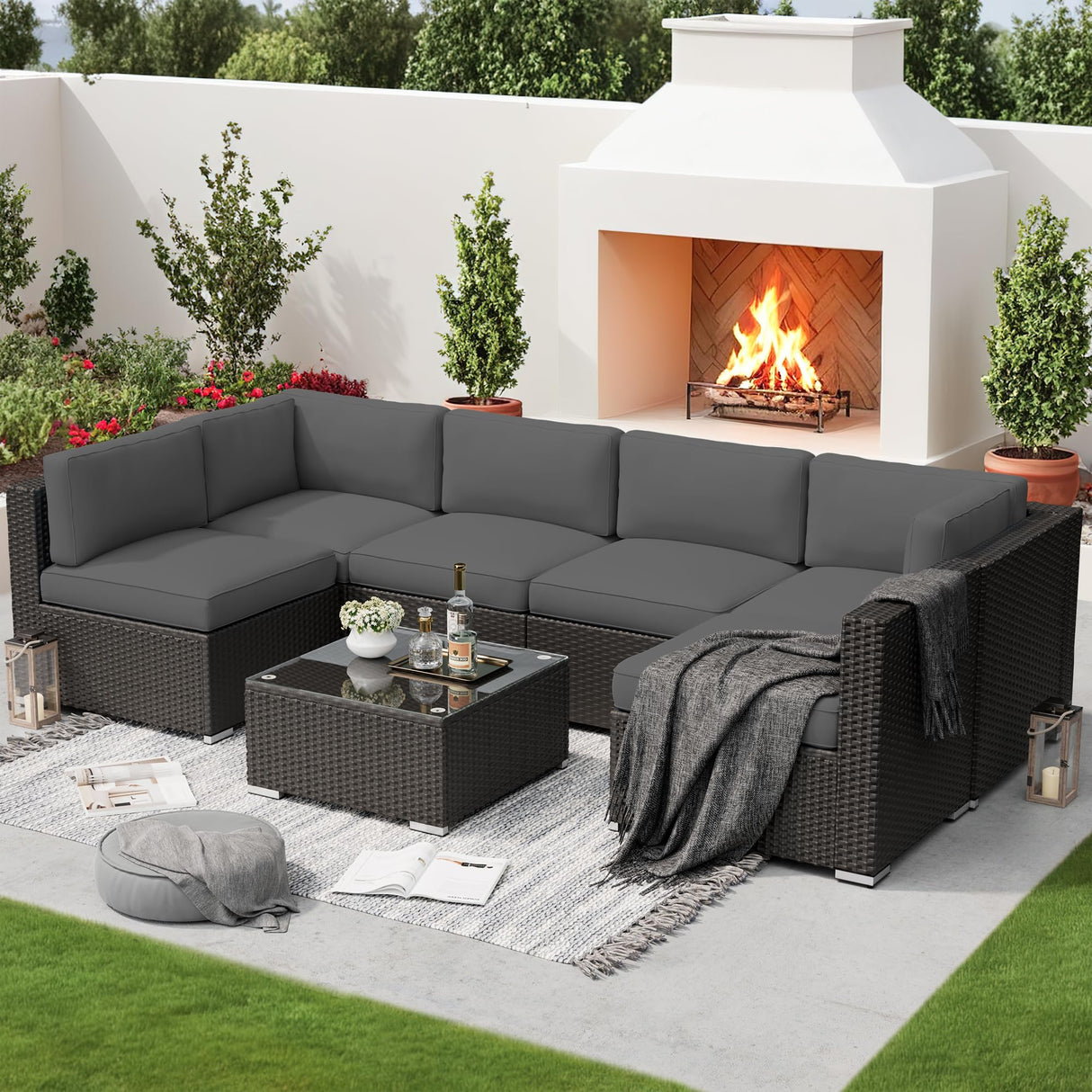 SUNCROWN 7-Piece Outdoor Patio Furniture Sofa Set All-Weather Wicker Sectional Conversation Set with Modern Glass Coffee Table and Cushions, Backyard, Garden, Dark Grey SUNCROWN