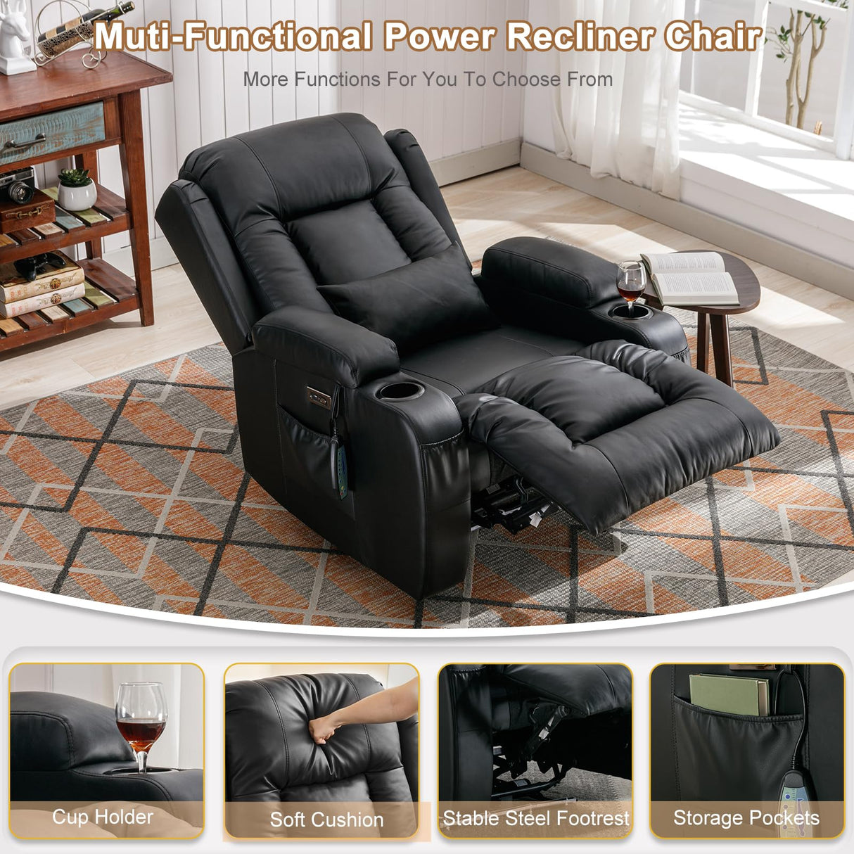 IPKIG Power Recliner Chair with Led Light - Faux Leather Overstuffed Home Theater Recliner w/Massage Heat/Lumbar Pillow/USB Port/Cup Holders/Side Pockets, Movie Gaming Reclining Chair (2 Sets, Black) IPKIG