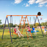 SUPER DEAL Outdoor Swing Set for Kids, Metal Playset with Adjustable Swings, Climbing Ladder and Nets, Swing Glider, Basketball Hoop for Backyard Playground, Heavy Duty 6 in 1 SUPER DEAL