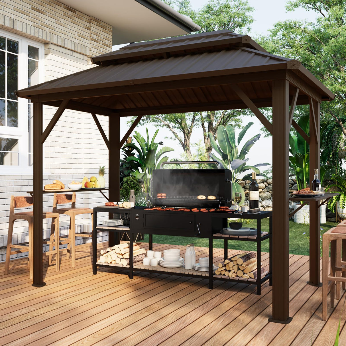 EROMMY 6' x 10' Hardtop Grill Gazebo, Outdoor Metal BBQ Gazebo with Double Galvanized Steel Roof, Permanent Grill Canopy with Side Shelves and Ceiling Hooks for Patio Deck Lawn Backyard Garden (Brown) EROMMY